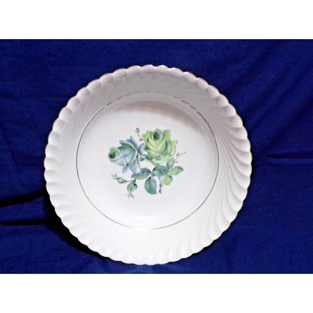 Konigl pr tettau Porcelain Dinnerware Serving Bowl  Blue & Green Roses Silver Tr